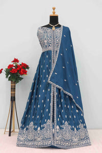 Teal Chinon With Sequence Embroidery Semi Stitched Salwar Suit