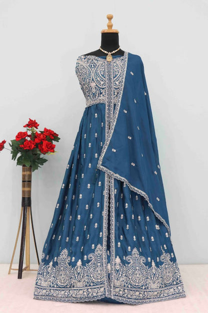Teal Chinon With Sequence Embroidery Semi Stitched Salwar Suit