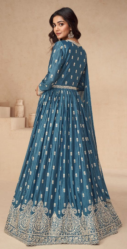 Teal Chinon With Sequence Embroidery Semi Stitched Salwar Suit