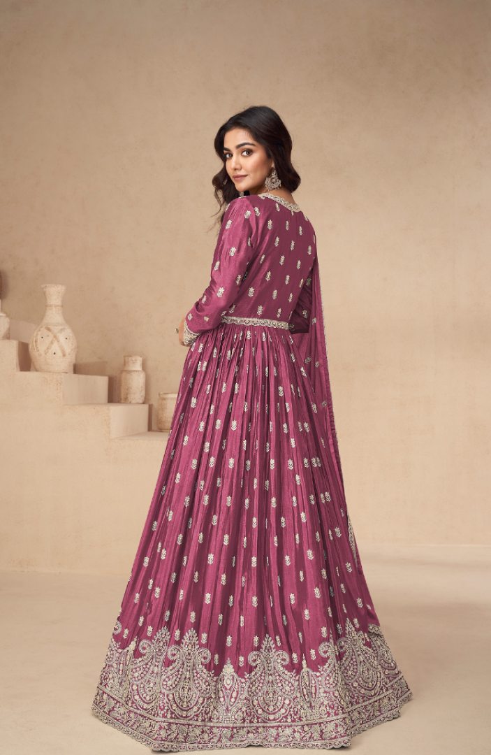 Magenta Chinon With Sequence Embroidery Semi Stitched Salwar Suit