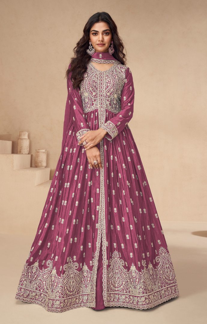 Magenta Chinon With Sequence Embroidery Semi Stitched Salwar Suit
