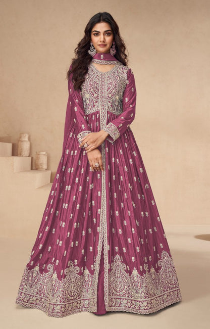 Magenta Chinon With Sequence Embroidery Semi Stitched Salwar Suit