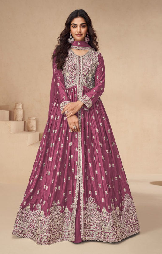 Magenta Chinon With Sequence Embroidery Semi Stitched Salwar Suit