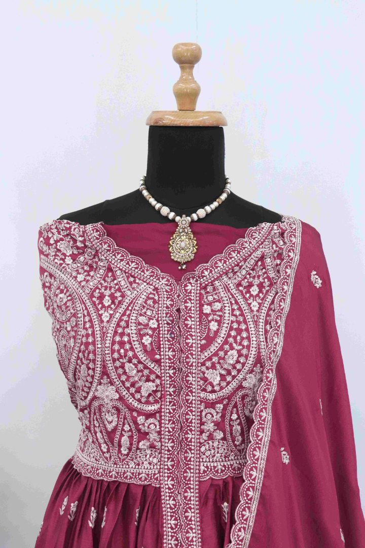 Magenta Chinon With Sequence Embroidery Semi Stitched Salwar Suit