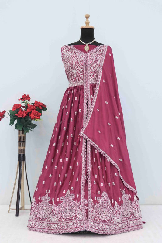 Magenta Chinon With Sequence Embroidery Semi Stitched Salwar Suit