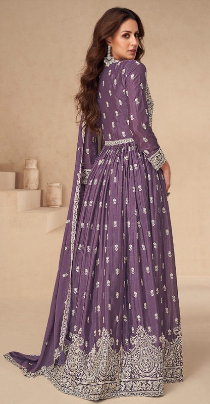 Dark Purple Chinon With Sequence Embroidery Semi Stitched Salwar Suit