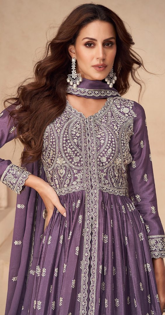 Dark Purple Chinon With Sequence Embroidery Semi Stitched Salwar Suit