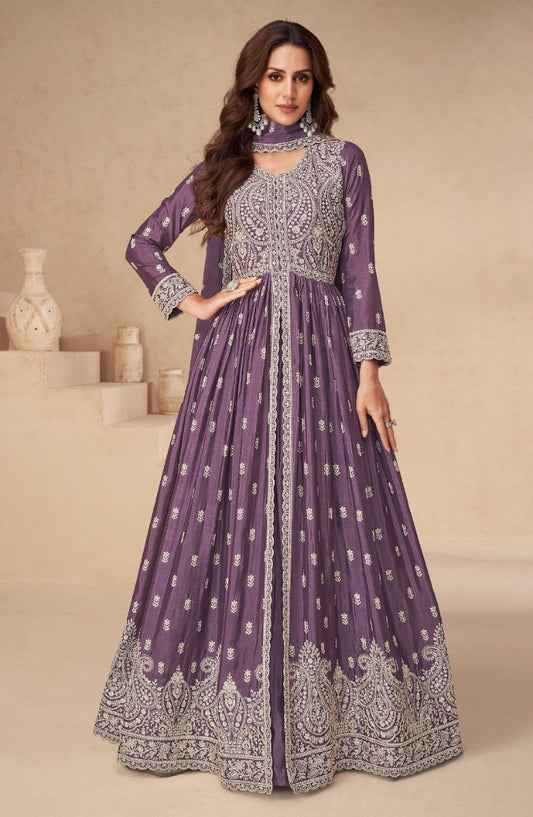 Dark Purple Chinon With Sequence Embroidery Semi Stitched Salwar Suit