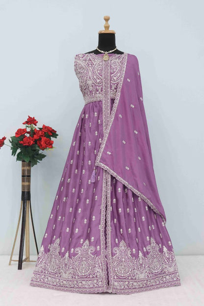 Dark Purple Chinon With Sequence Embroidery Semi Stitched Salwar Suit