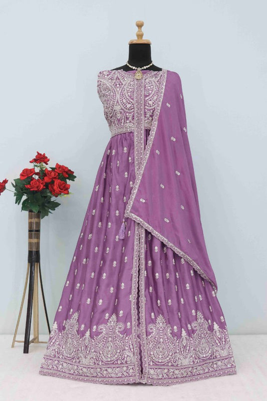 Dark Purple Chinon With Sequence Embroidery Semi Stitched Salwar Suit
