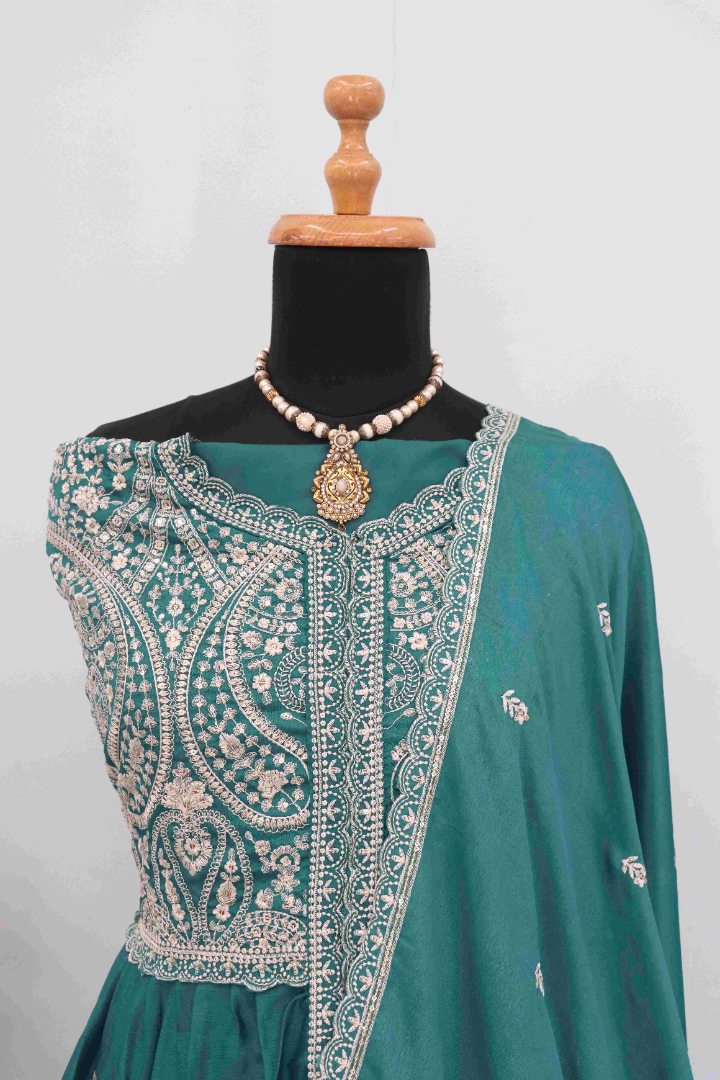 Green Chinon With Sequence Embroidery Semi Stitched Salwar Suit