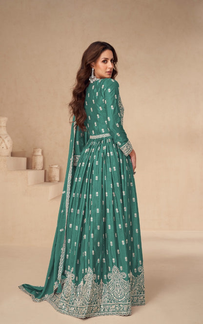 Green Chinon With Sequence Embroidery Semi Stitched Salwar Suit