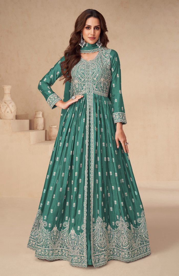 Green Chinon With Sequence Embroidery Semi Stitched Salwar Suit
