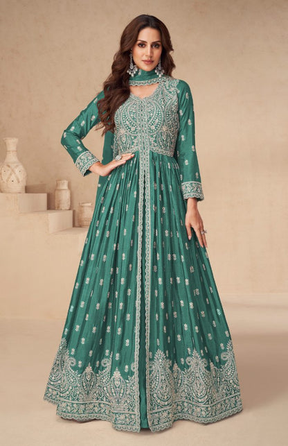 Green Chinon With Sequence Embroidery Semi Stitched Salwar Suit