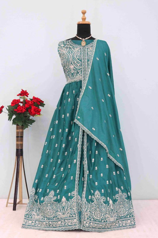 Green Chinon With Sequence Embroidery Semi Stitched Salwar Suit