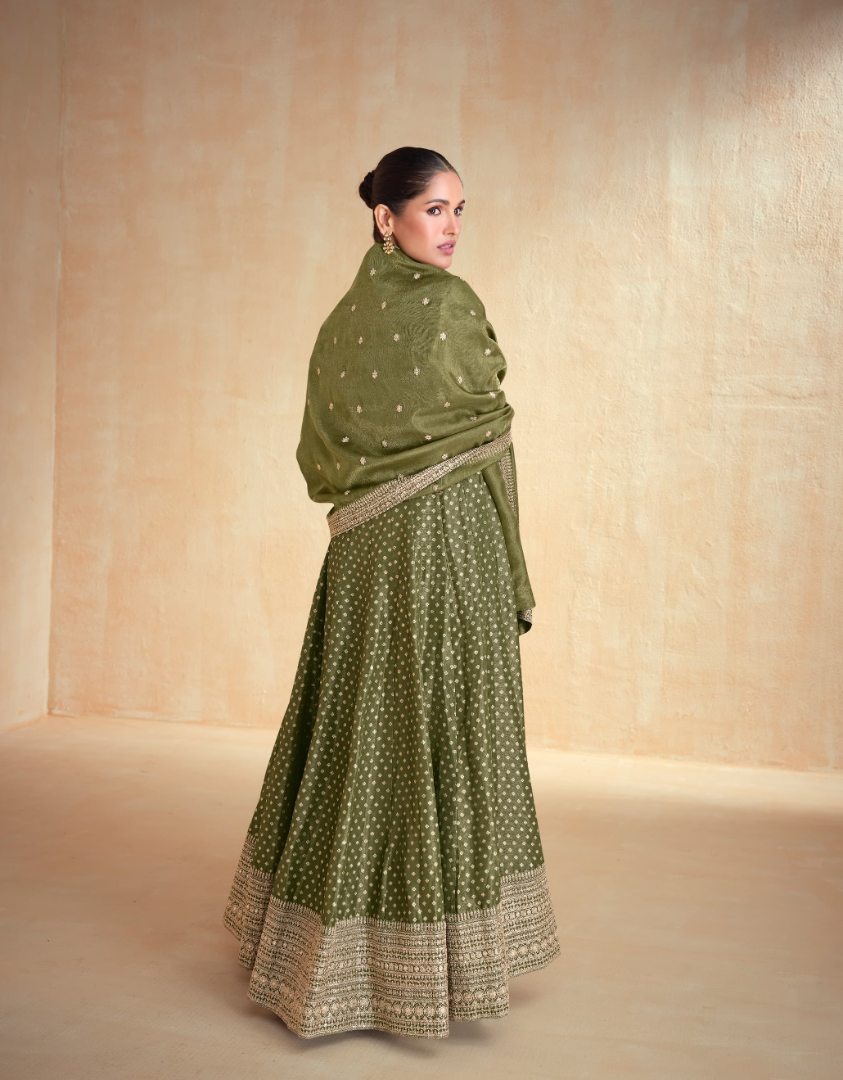 Oliveb Green embroidered viscose jacquard free Size stitched anarkali suit