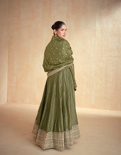Oliveb Green embroidered viscose jacquard free Size stitched anarkali suit