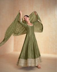 Oliveb Green embroidered viscose jacquard free Size stitched anarkali suit