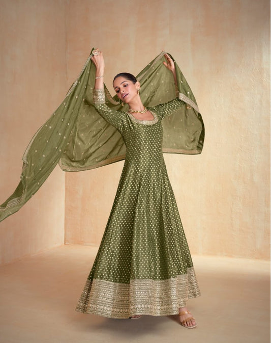 Oliveb Green embroidered viscose jacquard free Size stitched anarkali suit