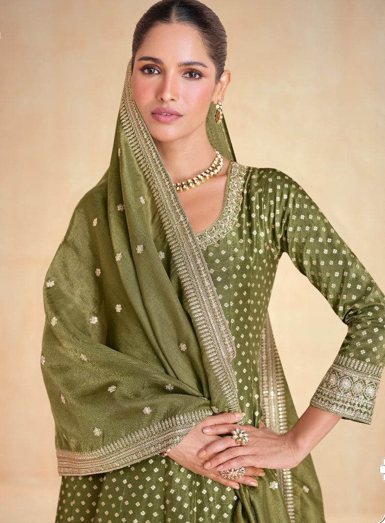 Oliveb Green embroidered viscose jacquard free Size stitched anarkali suit