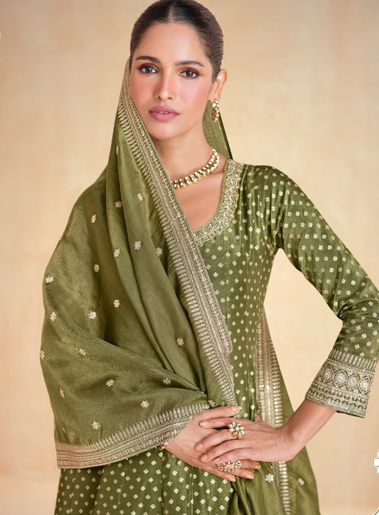 Oliveb Green embroidered viscose jacquard free Size stitched anarkali suit