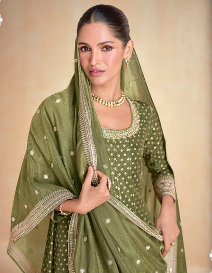 Oliveb Green embroidered viscose jacquard free Size stitched anarkali suit