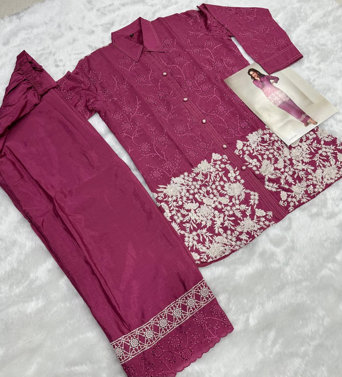 Magenta Chinon Silk Readymade Co-ords Set with Embroidery Work