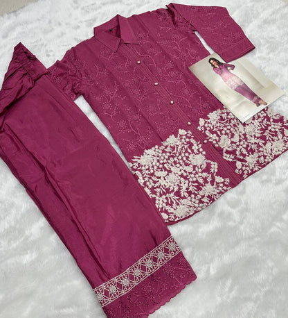 Magenta Chinon Silk Readymade Co-ords Set with Embroidery Work