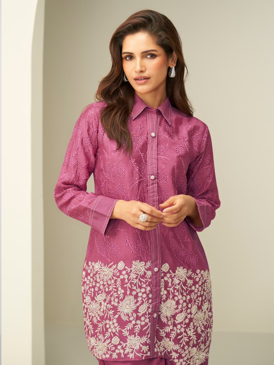 Magenta Chinon Silk Readymade Co-ords Set with Embroidery Work
