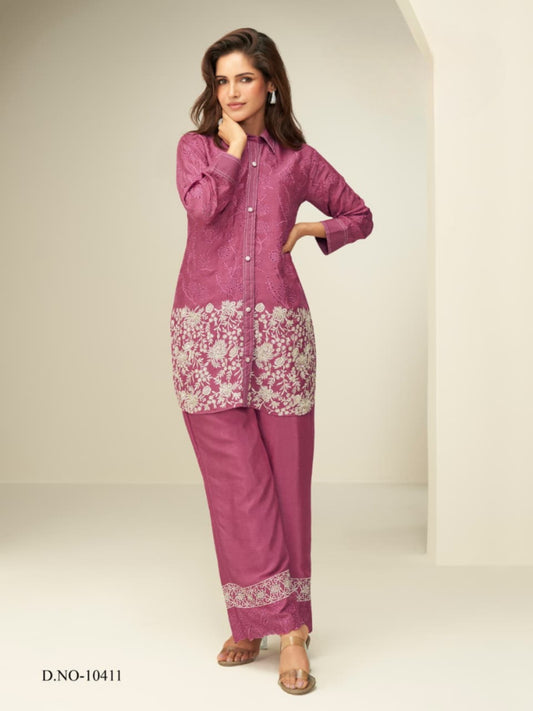 Magenta Chinon Silk Readymade Co-ords Set with Embroidery Work