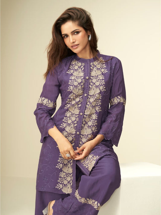 Violet Chinon Silk Readymade Co-ords Set with Embroidery Work