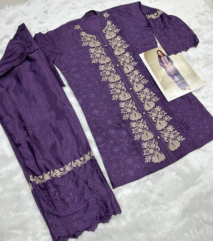Violet Chinon Silk Readymade Co-ords Set with Embroidery Work