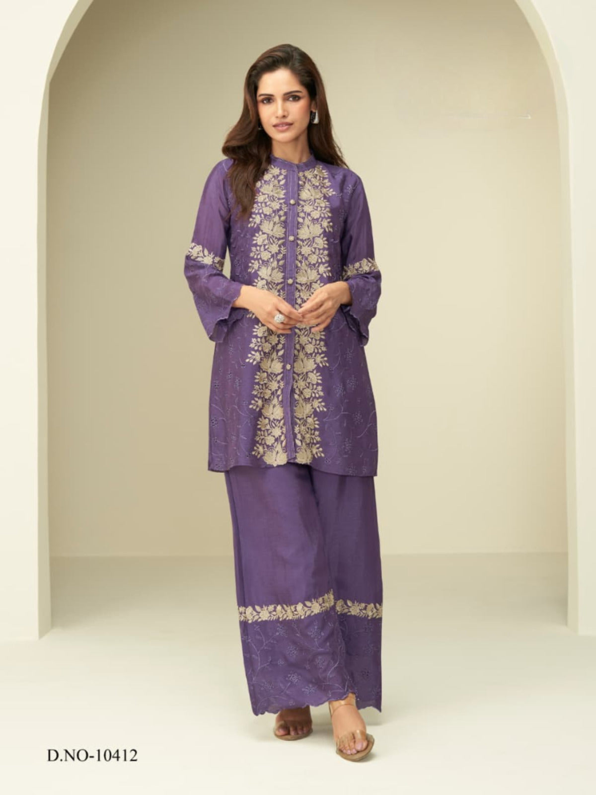 Violet Chinon Silk Readymade Co-ords Set with Embroidery Work
