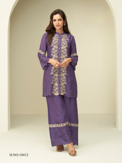 Violet Chinon Silk Readymade Co-ords Set with Embroidery Work