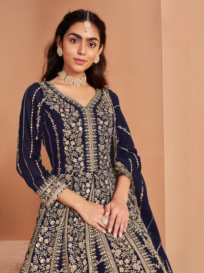 Navy Blue Georgette Embroidered Semi Stitched Salwar Suit
