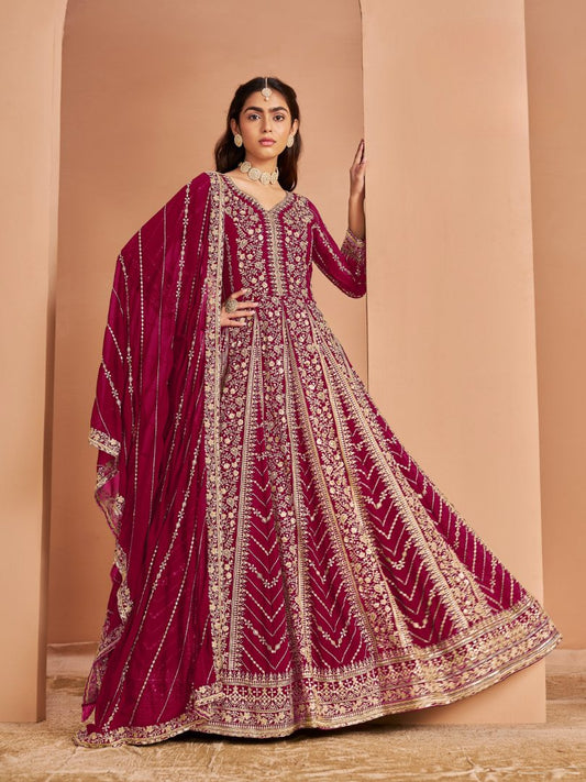 Dark Pink Georgette Embroidered Semi Stitched Salwar Suit