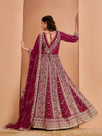 Dark Pink Georgette Embroidered Semi Stitched Salwar Suit