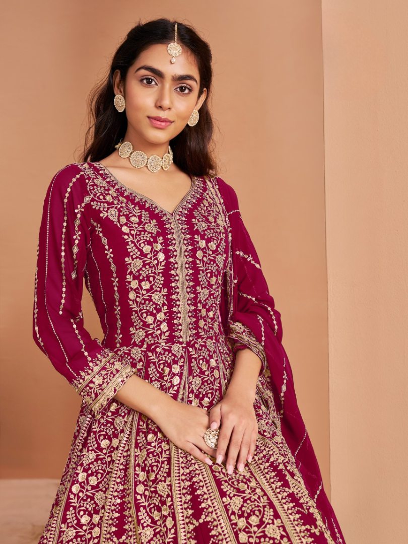 Dark Pink Georgette Embroidered Semi Stitched Salwar Suit