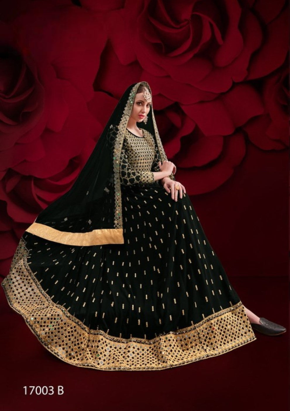 Black Silk Semi Stitched Anarkali Suit with Embroidery & Stone Work