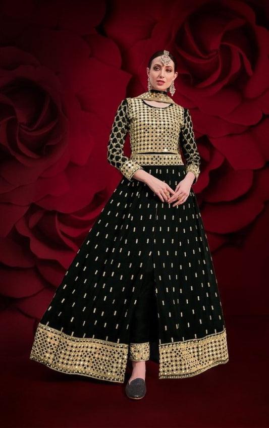 Black Silk Semi Stitched Anarkali Suit with Embroidery & Stone Work