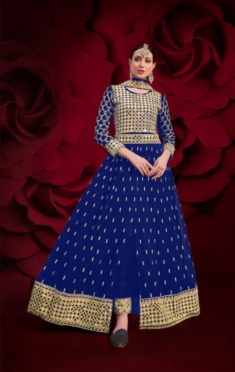Navy Silk Semi Stitched Anarkali Suit with Embroidery & Stone Work