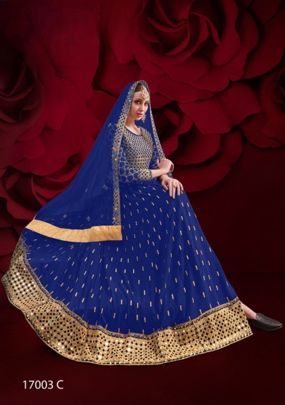 Navy Silk Semi Stitched Anarkali Suit with Embroidery & Stone Work