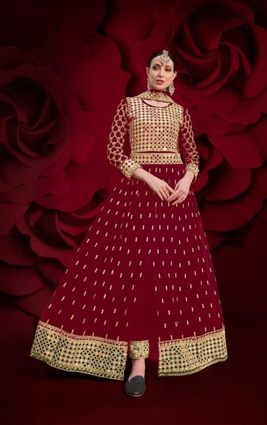 Red Silk Semi Stitched Anarkali Suit with Embroidery & Stone Work