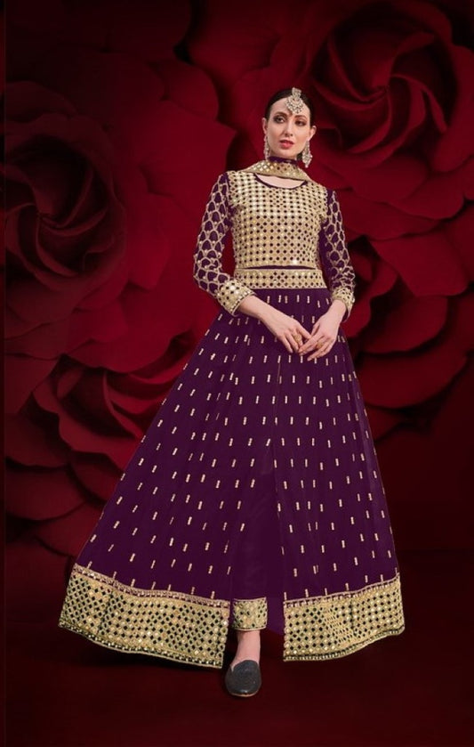 Purple Silk Semi Stitched Anarkali Suit with Embroidery & Stone Work