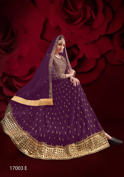 Purple Silk Semi Stitched Anarkali Suit with Embroidery & Stone Work