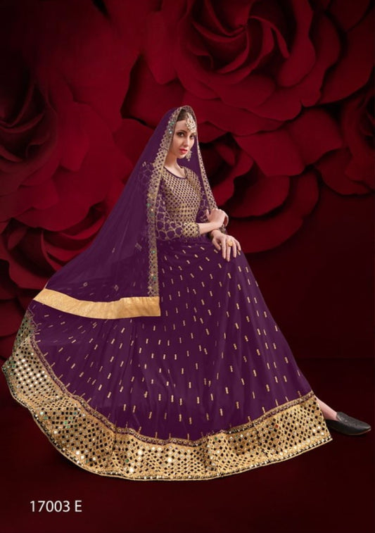 Purple Silk Semi Stitched Anarkali Suit with Embroidery & Stone Work