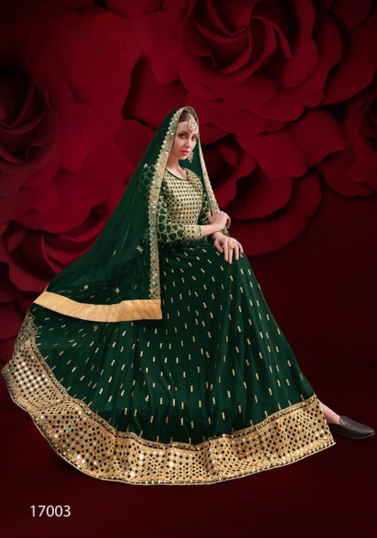 D Green Silk Semi Stitched Anarkali Suit with Embroidery & Stone Work