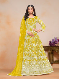 Yellow Embroidered Net Semi Stitched Anarkali Suit (A)