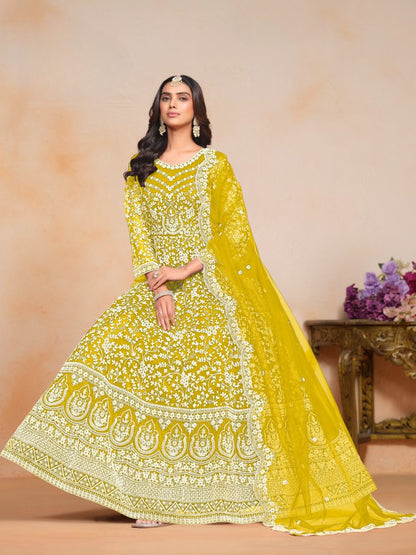 Yellow Embroidered Net Semi Stitched Anarkali Suit (A)
