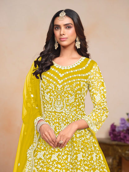 Yellow Embroidered Net Semi Stitched Anarkali Suit (A)